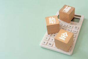 薄い緑の背景に電卓、電卓の上に補助金と書かれた木のブロックが乗っている画像