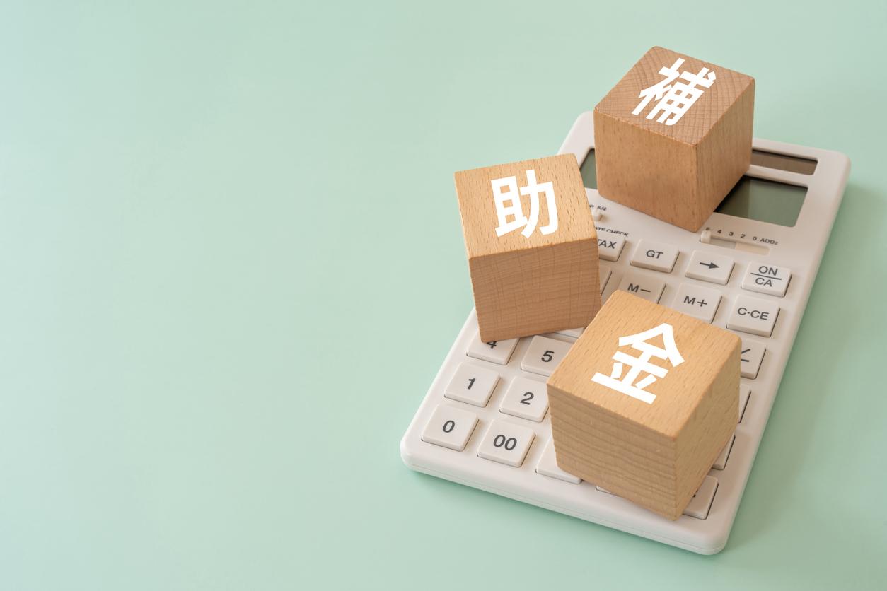 薄い緑の背景に電卓、電卓の上に補助金と書かれた木のブロックが乗っている画像