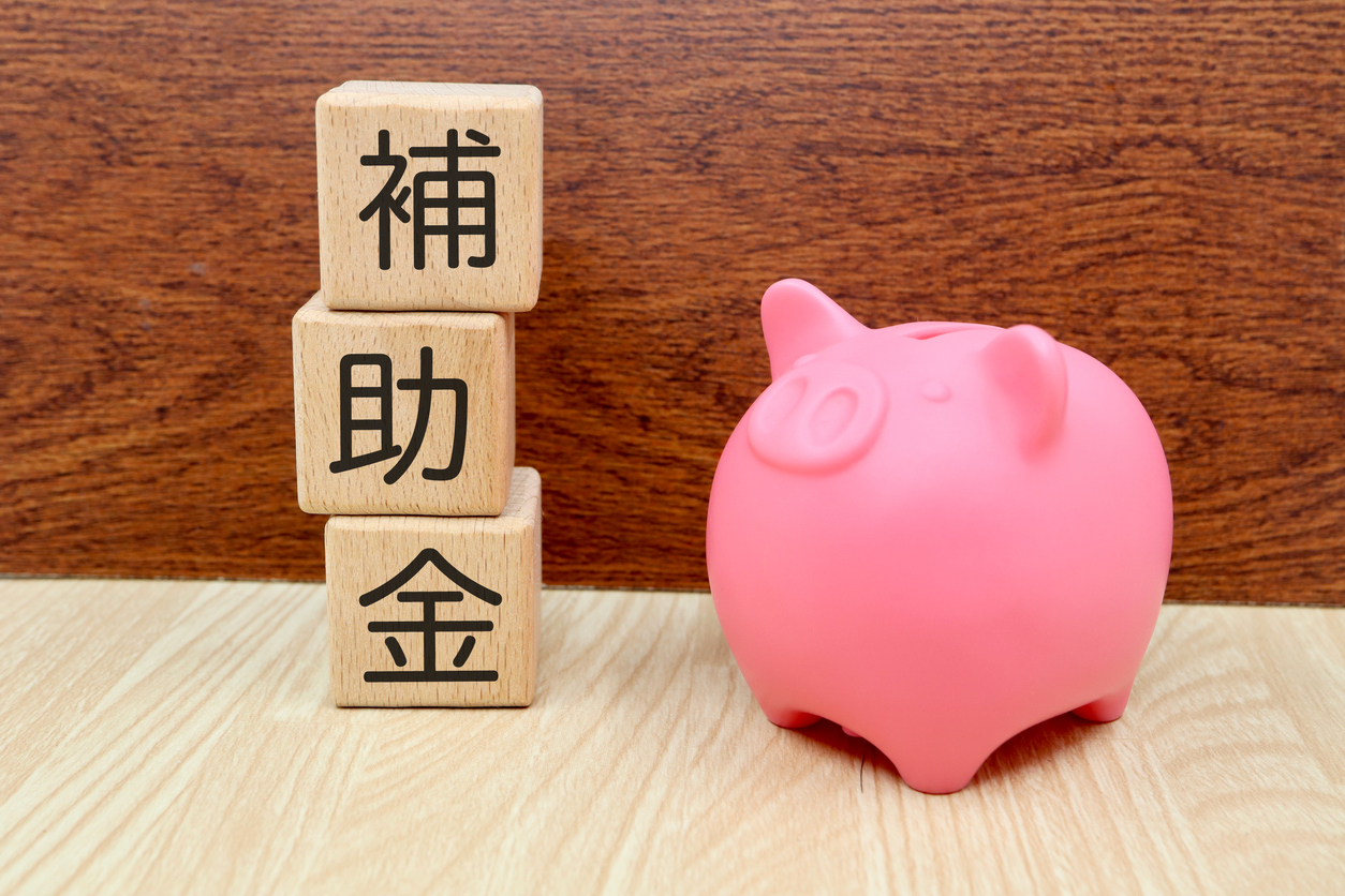 木のブロックが左側に3つ積み上げられている。上から読むと補助金。右側には豚の貯金箱が置かれている画像