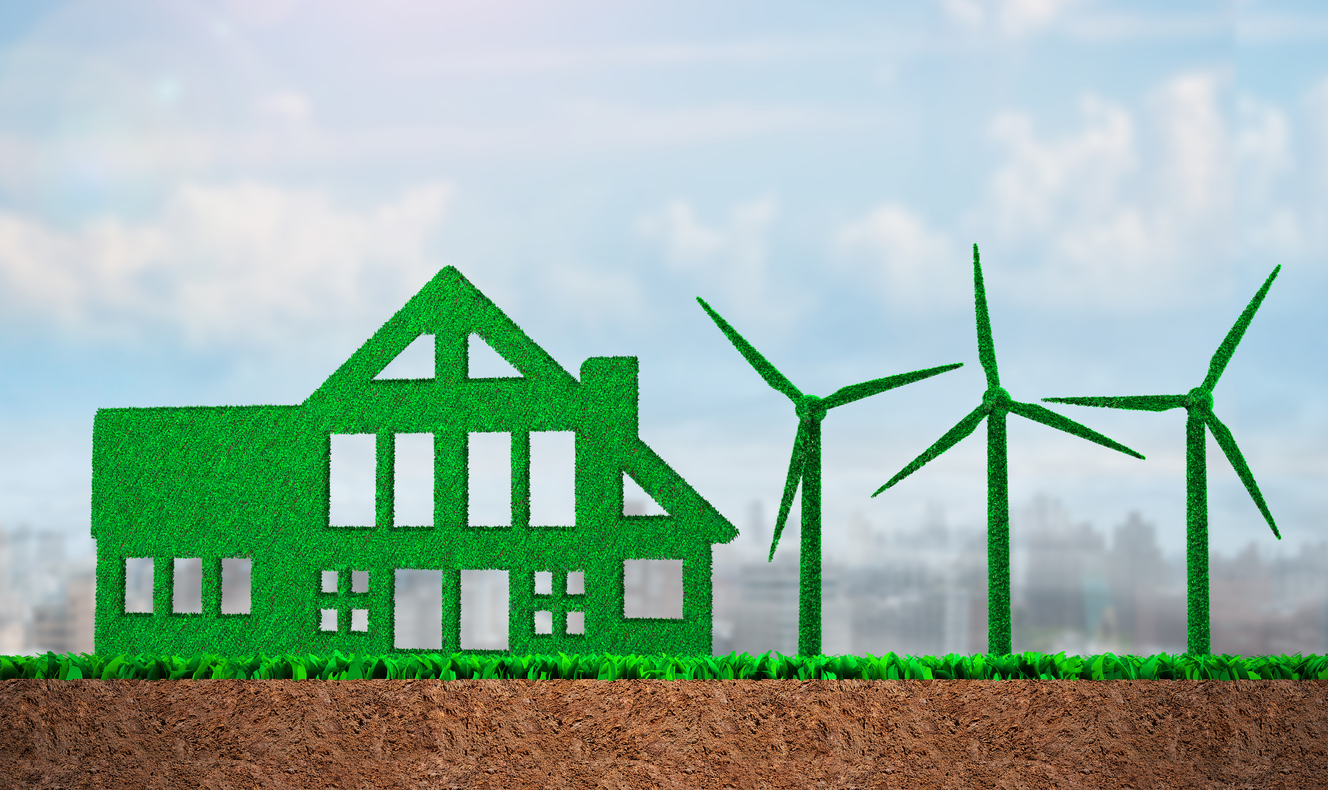 青空が背景。緑の一軒家と風力発電が描かれた画像