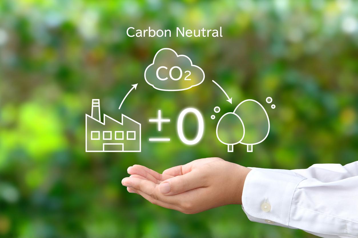 背景は緑豊かな自然で、白いシャツを着た人の手のひらに工場、CO2排出雲、吸収する木々を線画で描いたカーボンニュートラルの図がホログラムで浮かび上がっている画像